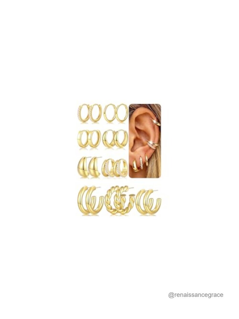 9 Pairs Gold Hoop Earrings, 14K Gold Plated Stackable Set for Women